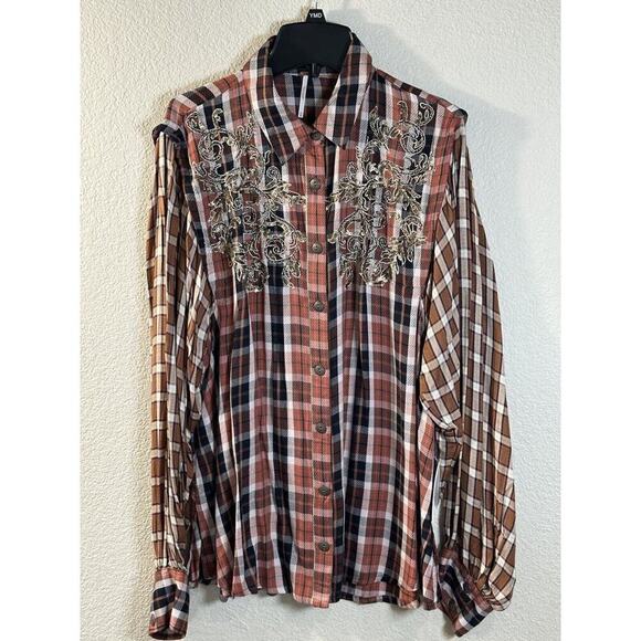Free People Copper Plaid Snow Top Mountain Top Shirt Button down Medium M NEW - Picture 3 of 16